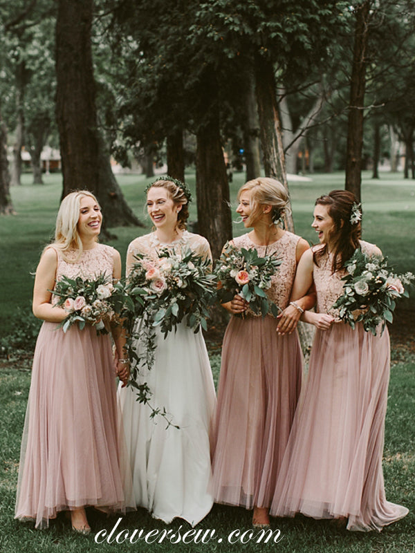 Two Piece Pink Lace Tulle A-line Bridesmaid Dresses, CB0085 Two Piece Pink Lace Tulle A-line Bridesmaid Dresses, CB0085