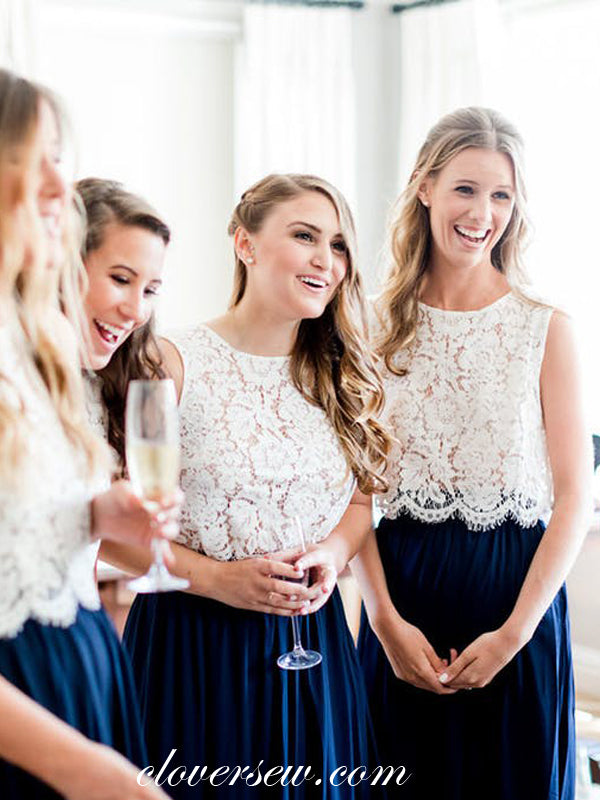 Two Piece White Lace Royal Blue Chiffon Long Bridesmaid Dresses, CB0002
