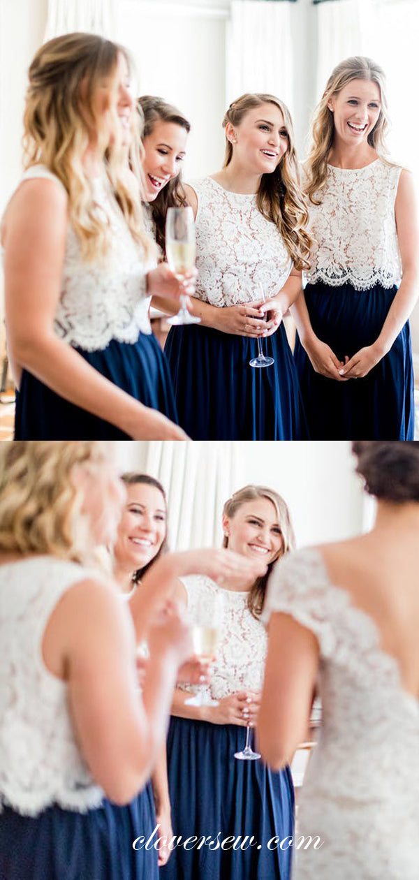 Two Piece White Lace Royal Blue Chiffon Long Bridesmaid Dresses, CB0002