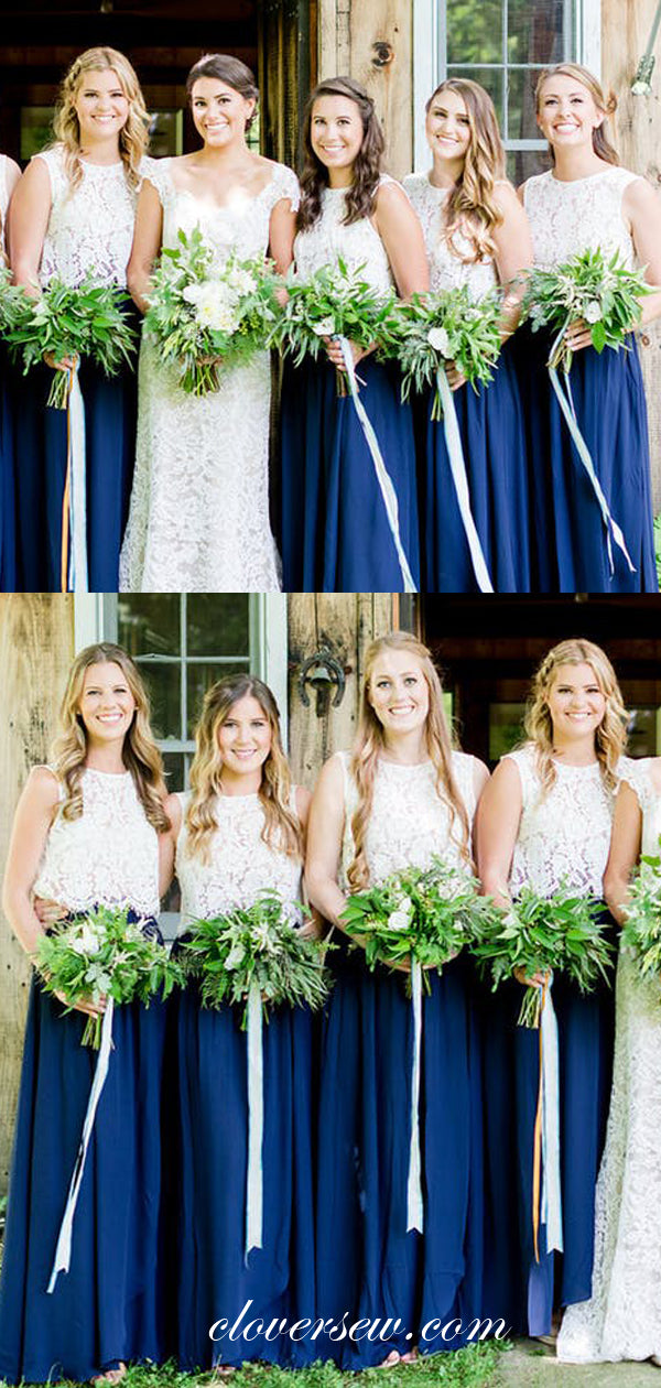 Two Piece White Lace Royal Blue Chiffon Long Bridesmaid Dresses, CB0002