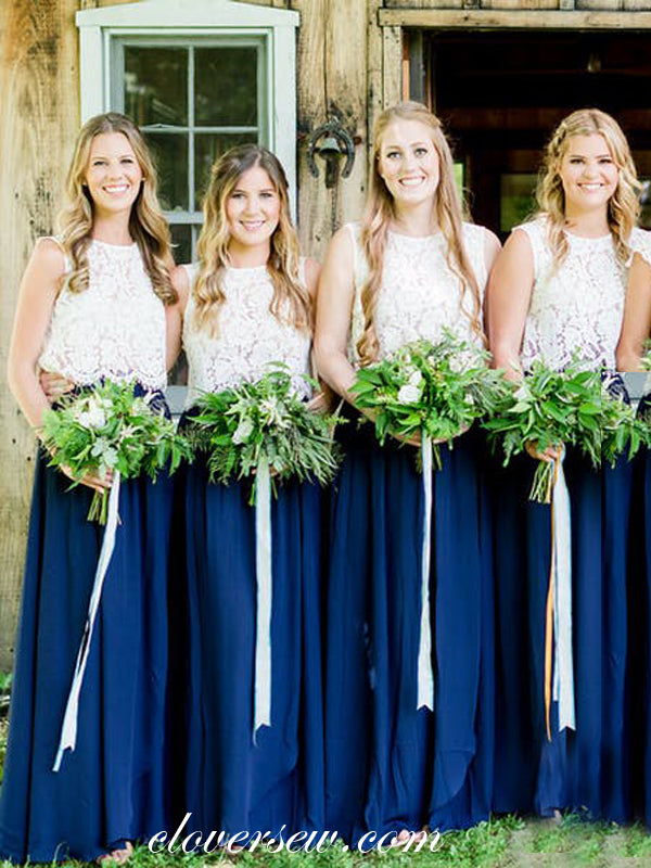 Two Piece White Lace Royal Blue Chiffon Long Bridesmaid Dresses, CB0002 Two Piece White Lace Royal Blue Chiffon Long Bridesmaid Dresses, CB0002