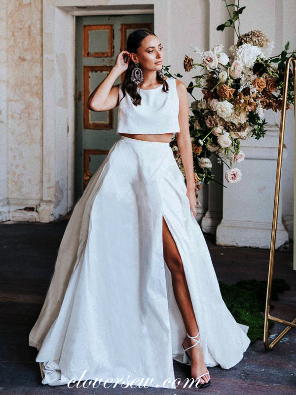 Two Piece White Satin A-Line Side Slit Fashion Wedding Dresses , CW0029 US8 / Custom Color(Leaving A note) Two Piece White Satin A-Line Side Slit Fashion Wedding Dresses , CW0029 US8 / Custom Color(Leaving A note)