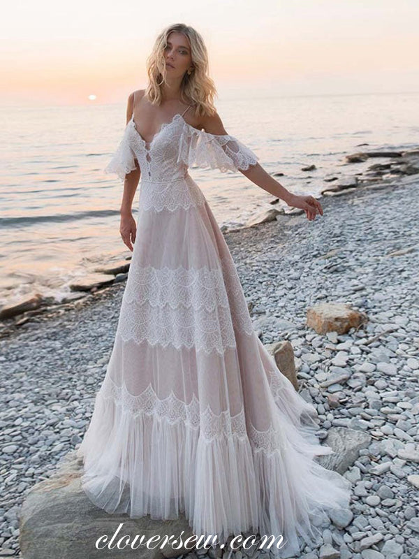 Unique Boho Lace Light Pink Off The Shoulder A-line Beach Wedding Dresses, CW0348 Unique Boho Lace Light Pink Off The Shoulder A-line Beach Wedding Dresses, CW0348