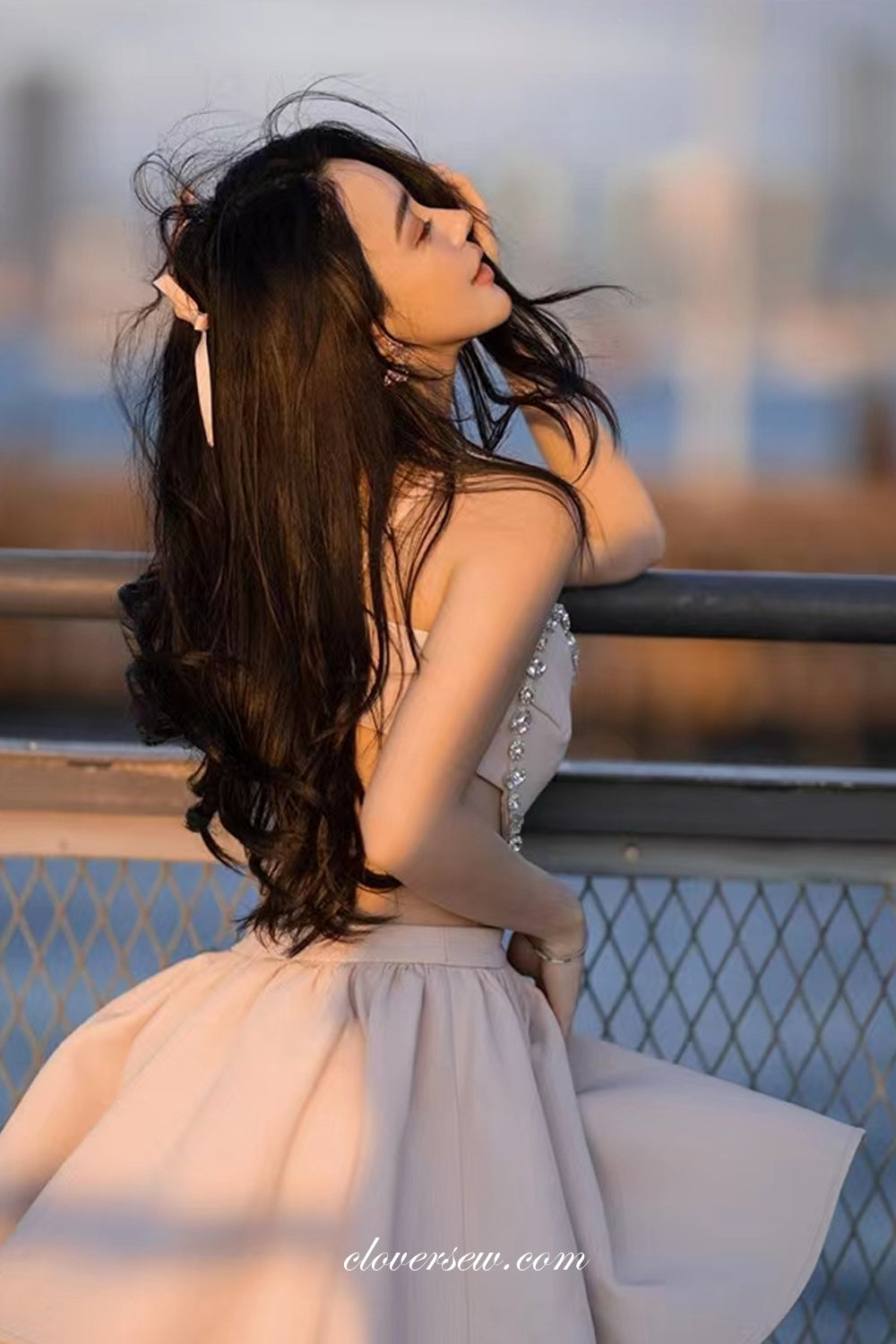 Unique Heart Design Rhinestone Open Back Detachable Sleeves Party Dresses, CH0049
