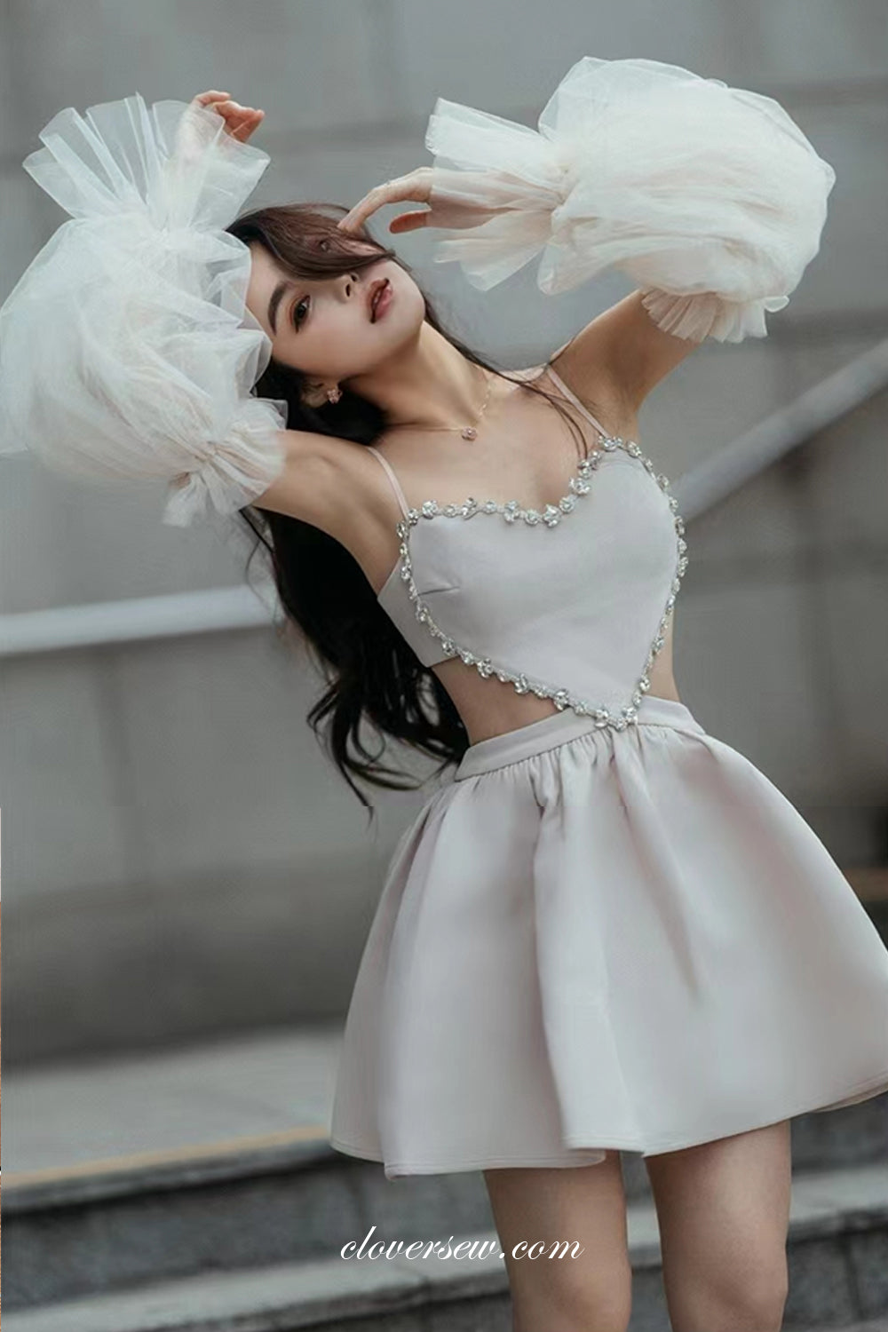 Unique Heart Design Rhinestone Open Back Detachable Sleeves Party Dresses, CH0049