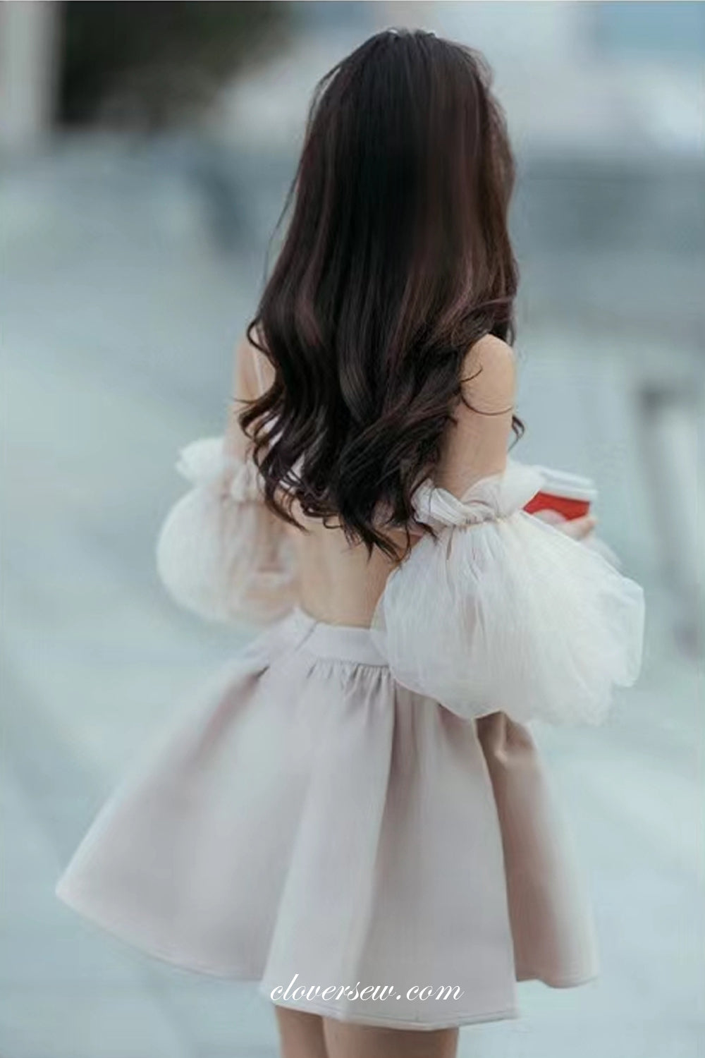 Unique Heart Design Rhinestone Open Back Detachable Sleeves Party Dresses, CH0049