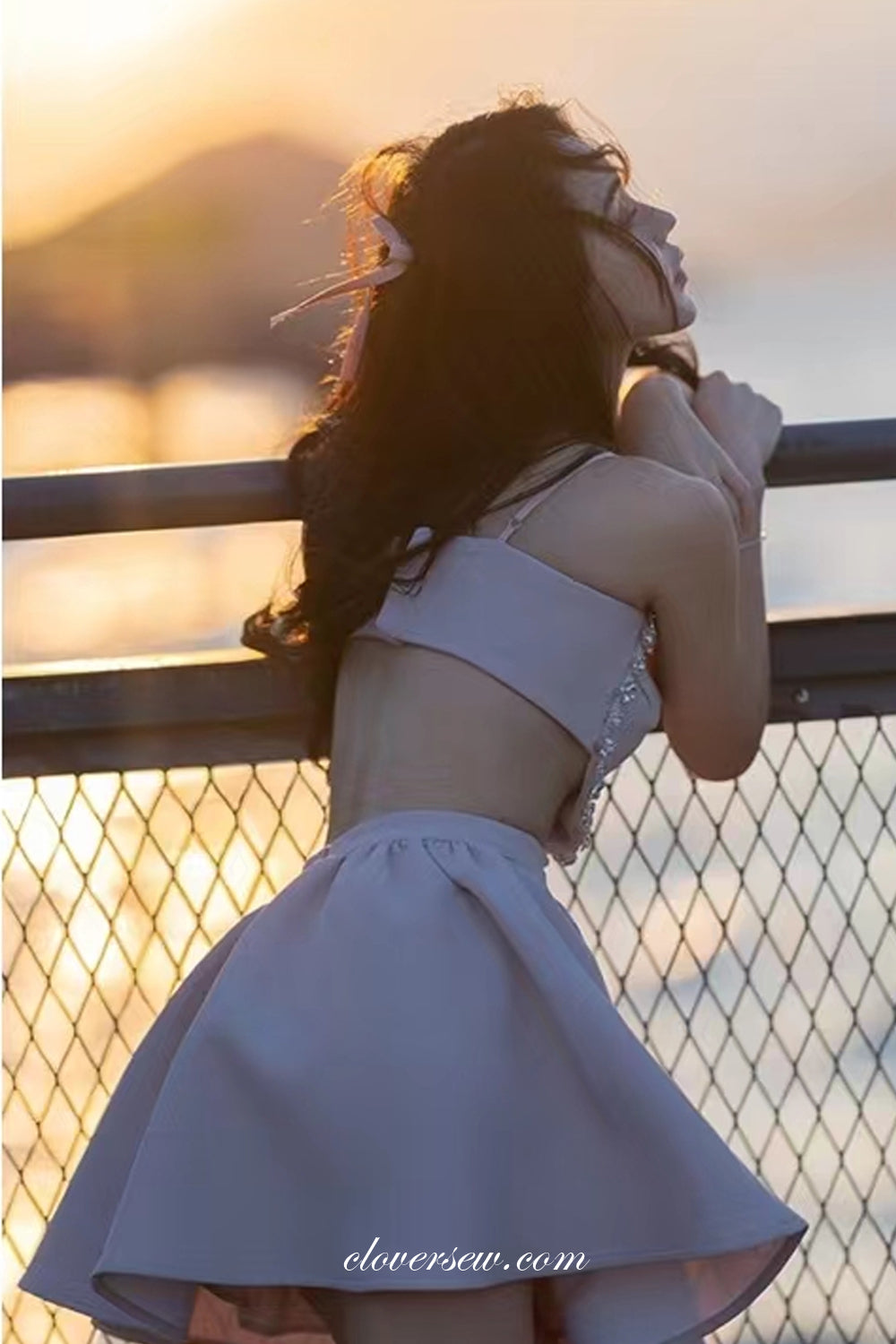 Unique Heart Design Rhinestone Open Back Detachable Sleeves Party Dresses, CH0049