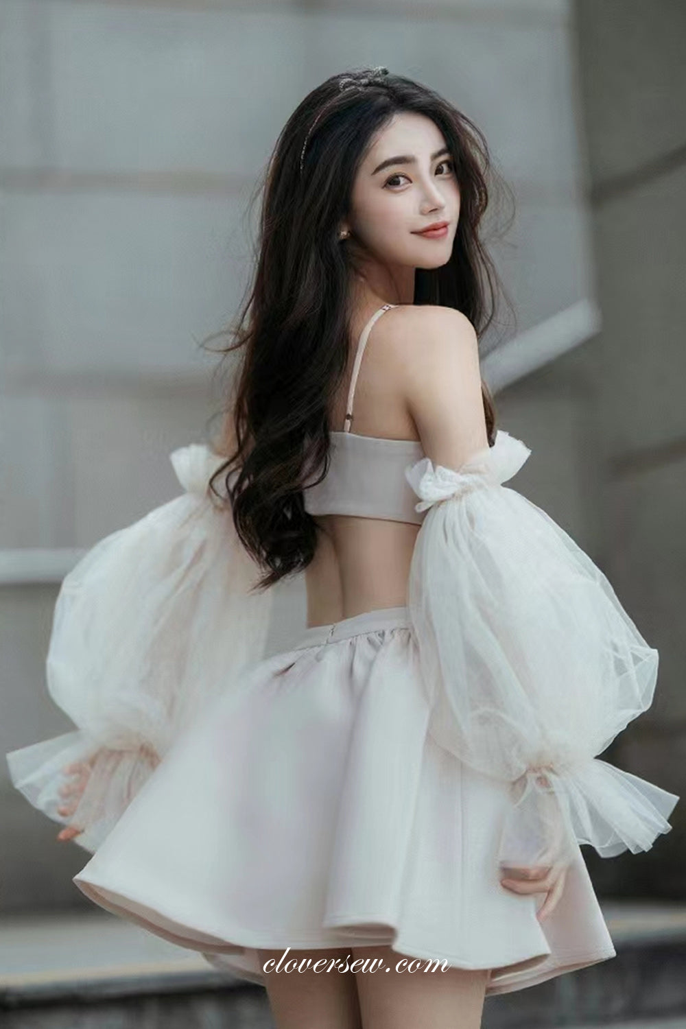 Unique Heart Design Rhinestone Open Back Detachable Sleeves Party Dresses, CH0049