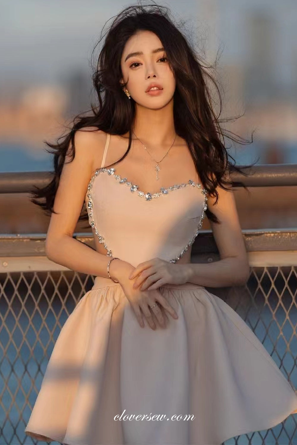 Unique Heart Design Rhinestone Open Back Detachable Sleeves Party Dresses, CH0049