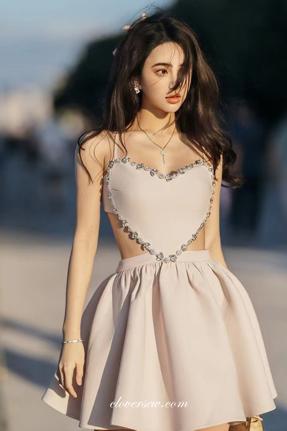 Unique Heart Design Rhinestone Open Back Detachable Sleeves Party Dresses, CH0049