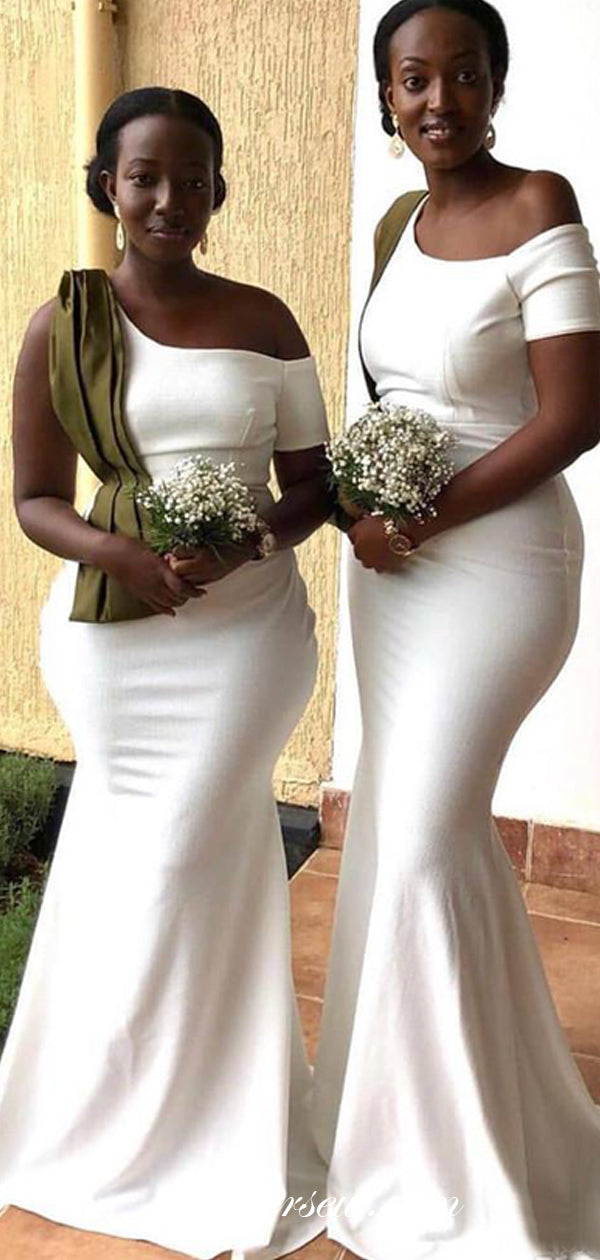 Unique One Sleeve Mermaid White Bridesmaid Dresses, CB0179