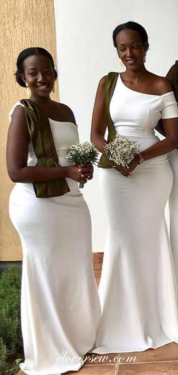Unique One Sleeve Mermaid White Bridesmaid Dresses, CB0179