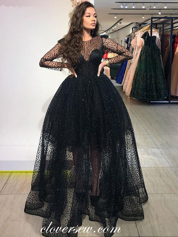 Unique Rhinestoned Tulle Black Long Sleeves Ball Gown Prom Dresses,CP0581 US0 / As Pic Unique Rhinestoned Tulle Black Long Sleeves Ball Gown Prom Dresses,CP0581 US0 / As Pic