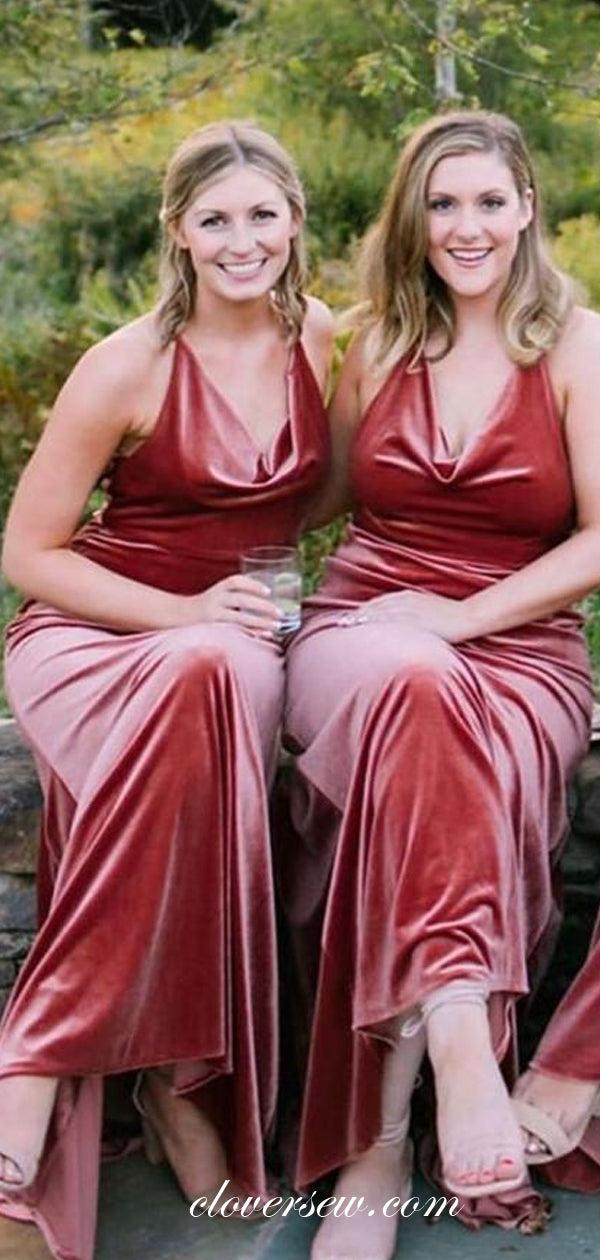 V-neck Elegant Rosy Velvet Halter Sheath Long Bridesmaid Dresses, CB0219