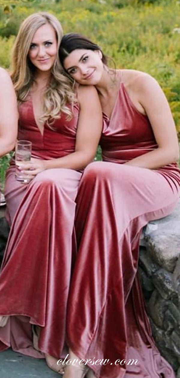 V-neck Elegant Rosy Velvet Halter Sheath Long Bridesmaid Dresses, CB0219