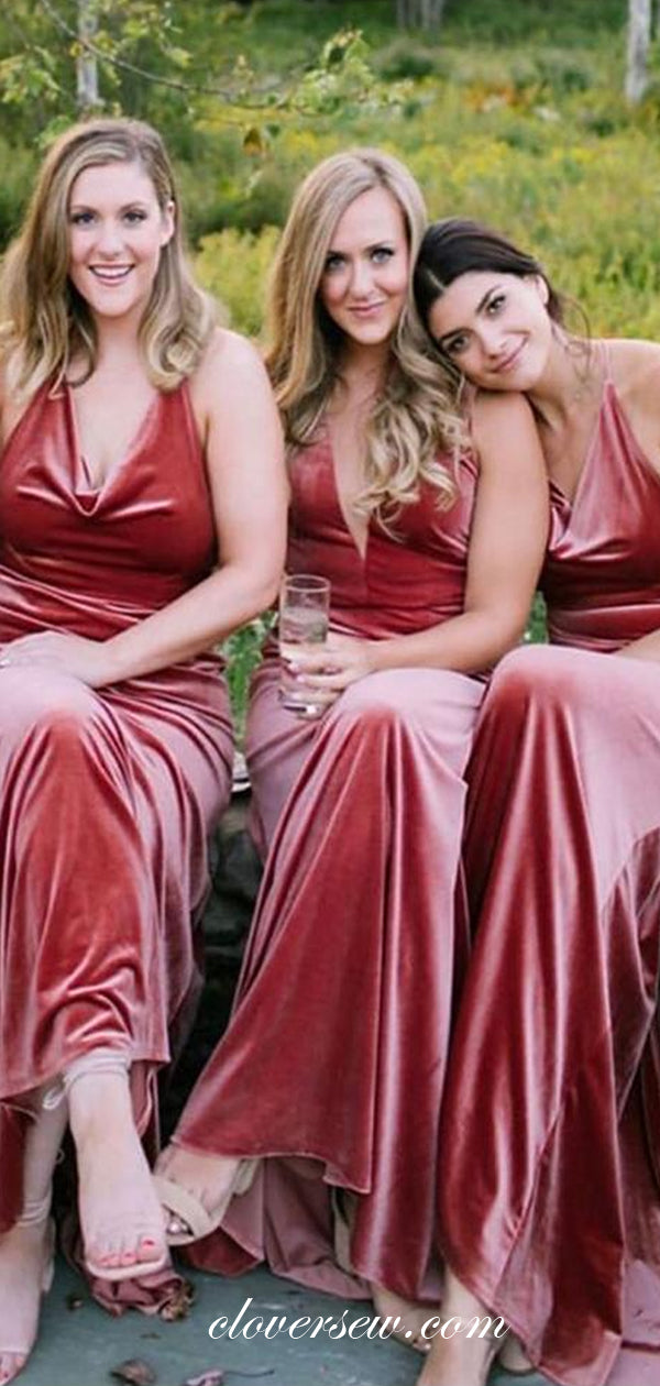 V-neck Elegant Rosy Velvet Halter Sheath Long Bridesmaid Dresses, CB0219