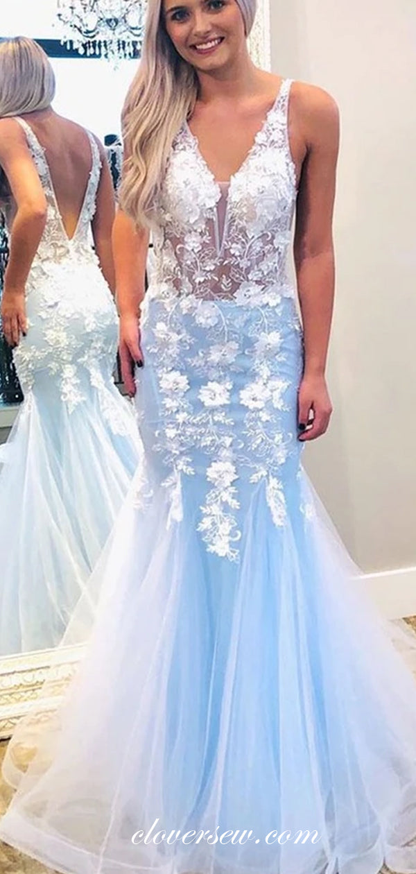 White Applique Pale Blue See Through Sheath Prom Dresses, CP0525