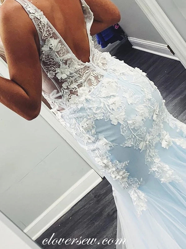 White Applique Pale Blue See Through Sheath Prom Dresses, CP0525