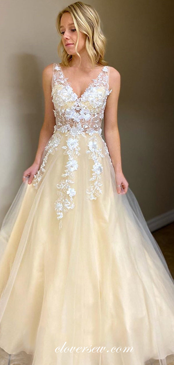 White Applique Pastel Yellow V-neck Sleeveless A-line Prom Dresses, CP0542