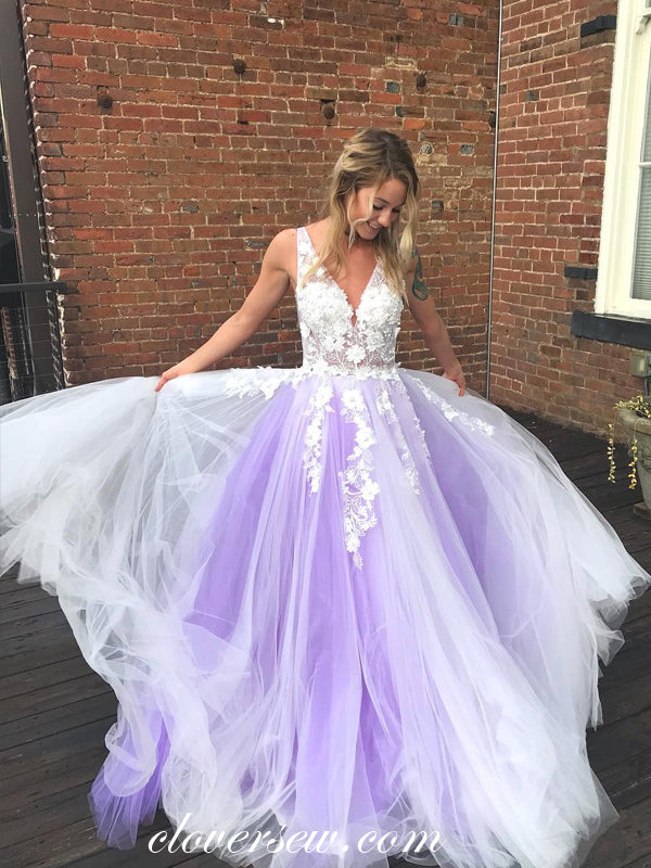 White Applique Tulle Purple V-neck Sleeveless A-line Prom Dresses, CP0 clover sew White Applique Tulle Purple V-neck Sleeveless A-line Prom Dresses, CP0 clover sew