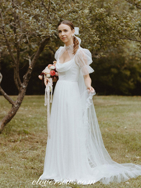 white chiffon spaghetti strap dress White Chiffon Spaghetti Straps Simple Lace Backless Cheap Wedding Dresses, MW234