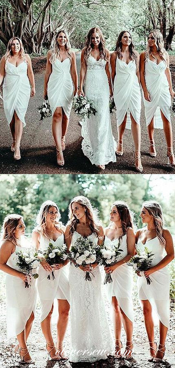 White Chiffon Spaghetti Strap Knee Length Short Bridesmaid Dresses,CB0119