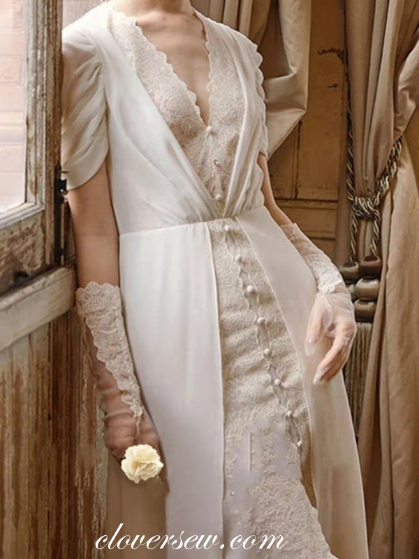 White Chiffon Vintage Lace With Slit Sheath Wedding Dresses, CW0279 clover sew White Chiffon Vintage Lace With Slit Sheath Wedding Dresses, CW0279 clover sew