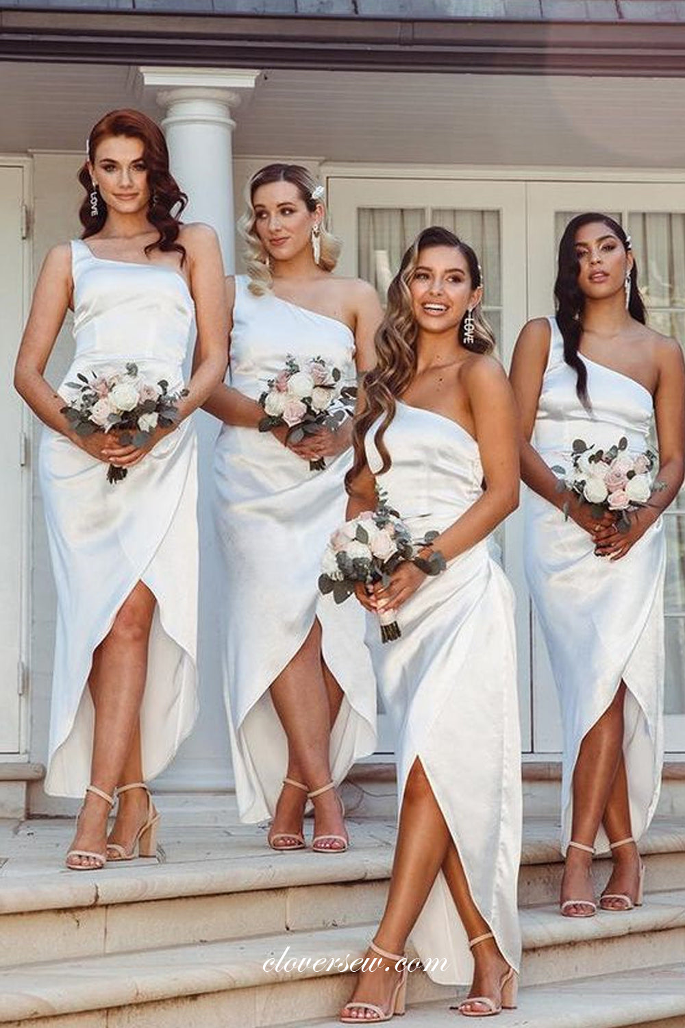 White Elastic Satin One Shoulder Sheath High Low Bridesmaid Dresses, CB0283