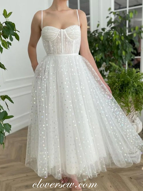 White Heart Embroidery Spaghetti Strap Ankle Length Wedding Dresses, CW0313 Custom Size(leaving A note) / Custom Color(leaving A note) White Heart Embroidery Spaghetti Strap Ankle Length Wedding Dresses, CW0313 Custom Size(leaving A note) / Custom Color(leaving A note)