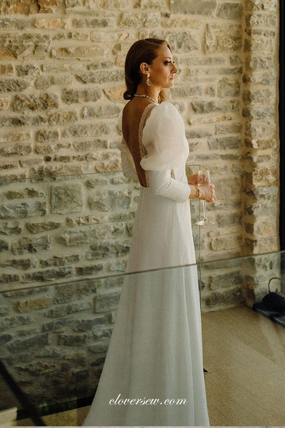 White Lantern Long Sleeves V-neck Backless Charming Wedding Dresses, CW0323
