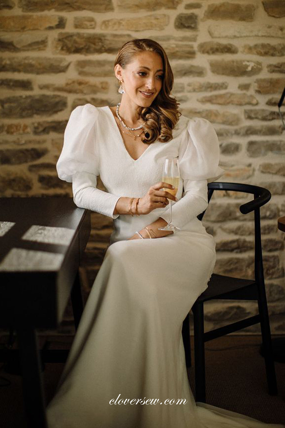 White Lantern Long Sleeves V-neck Backless Charming Wedding Dresses, CW0323