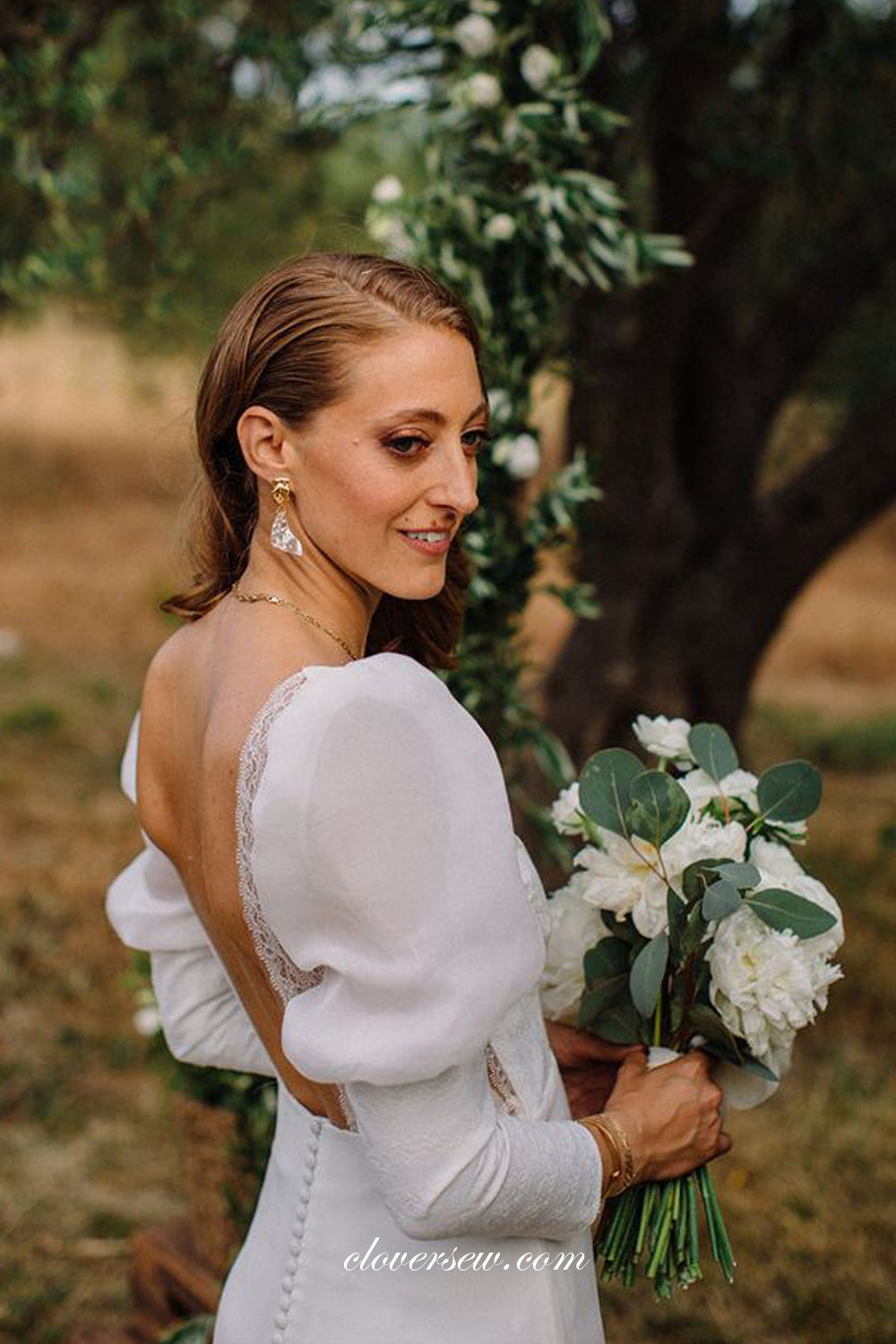 White Lantern Long Sleeves V-neck Backless Charming Wedding Dresses, CW0323