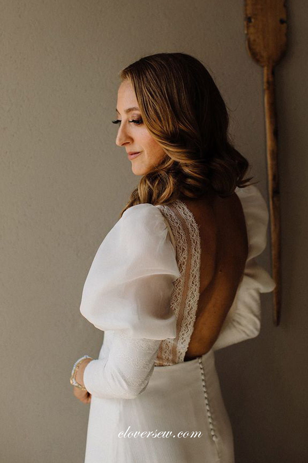 White Lantern Long Sleeves V-neck Backless Charming Wedding Dresses, CW0323