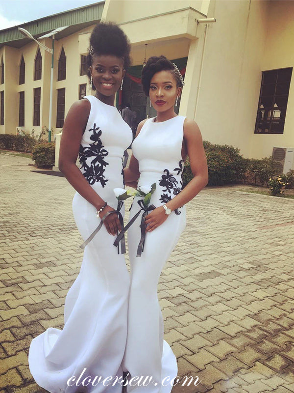 White Satin Black Applique Mermaid Bridesmaid Dresses, CB0204 clover sew White Satin Black Applique Mermaid Bridesmaid Dresses, CB0204 clover sew