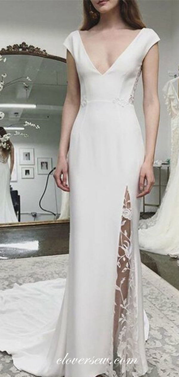 White Satin Cap Sleeves V-neck Sheath Lace Slit Wedding Dresses,CW0136