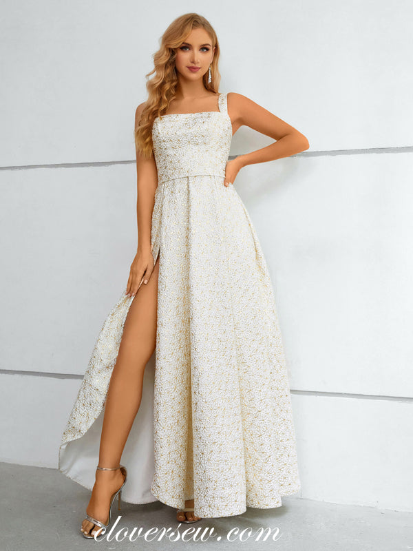 White Satin Gold Lace Square Neck A-line Side Slit Prom Dresses, CP091 clover sew White Satin Gold Lace Square Neck A-line Side Slit Prom Dresses, CP091 clover sew