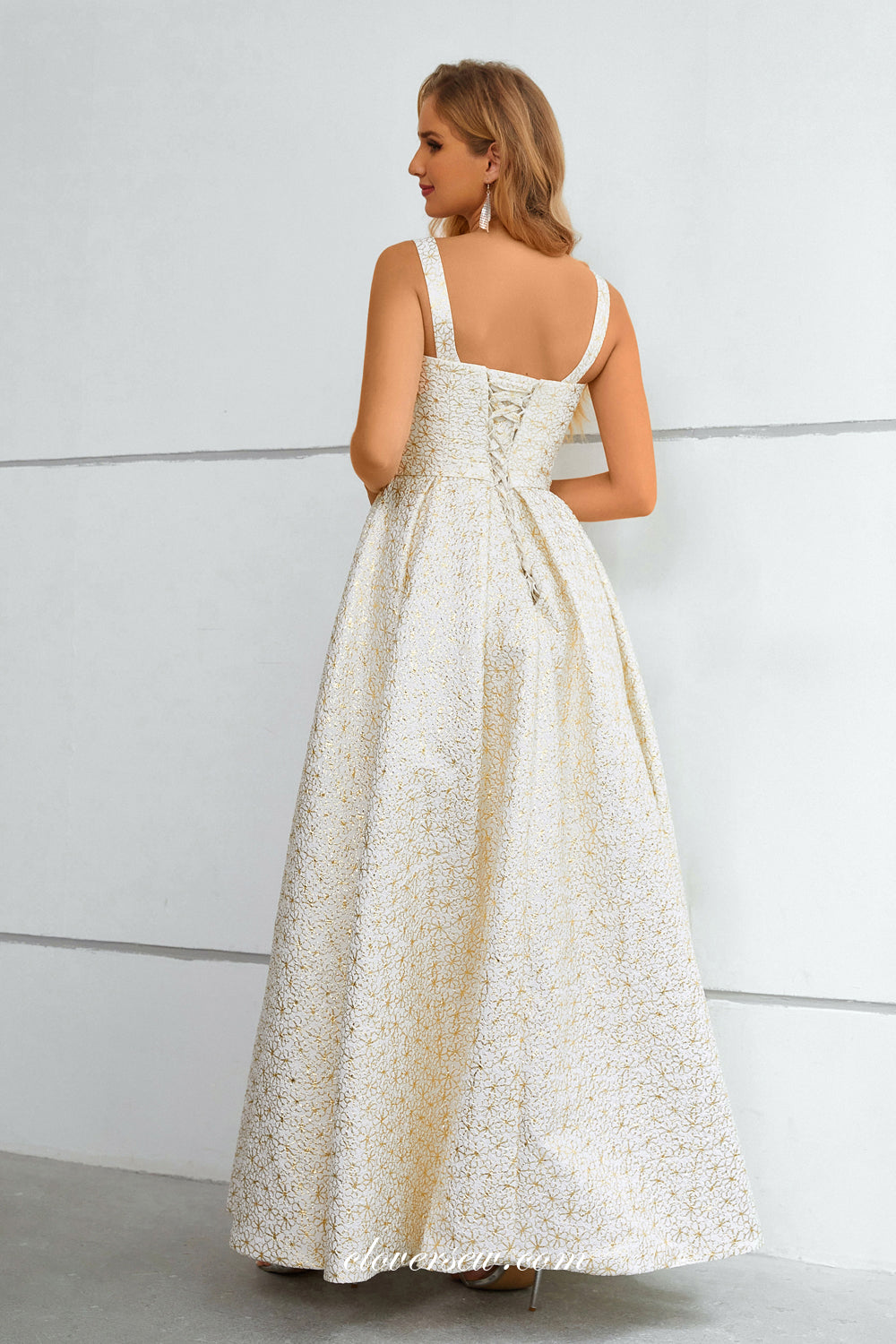 White Satin Gold Lace Square Neck A-line Side Slit Prom Dresses, CP0913