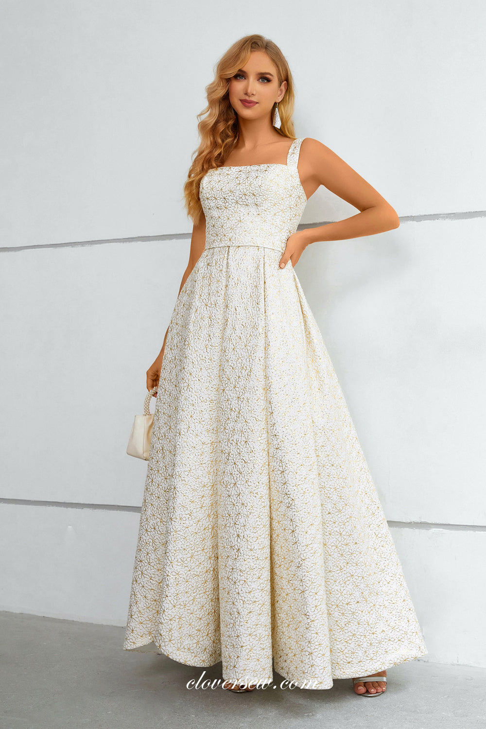 White Satin Gold Lace Square Neck A-line Side Slit Prom Dresses, CP0913