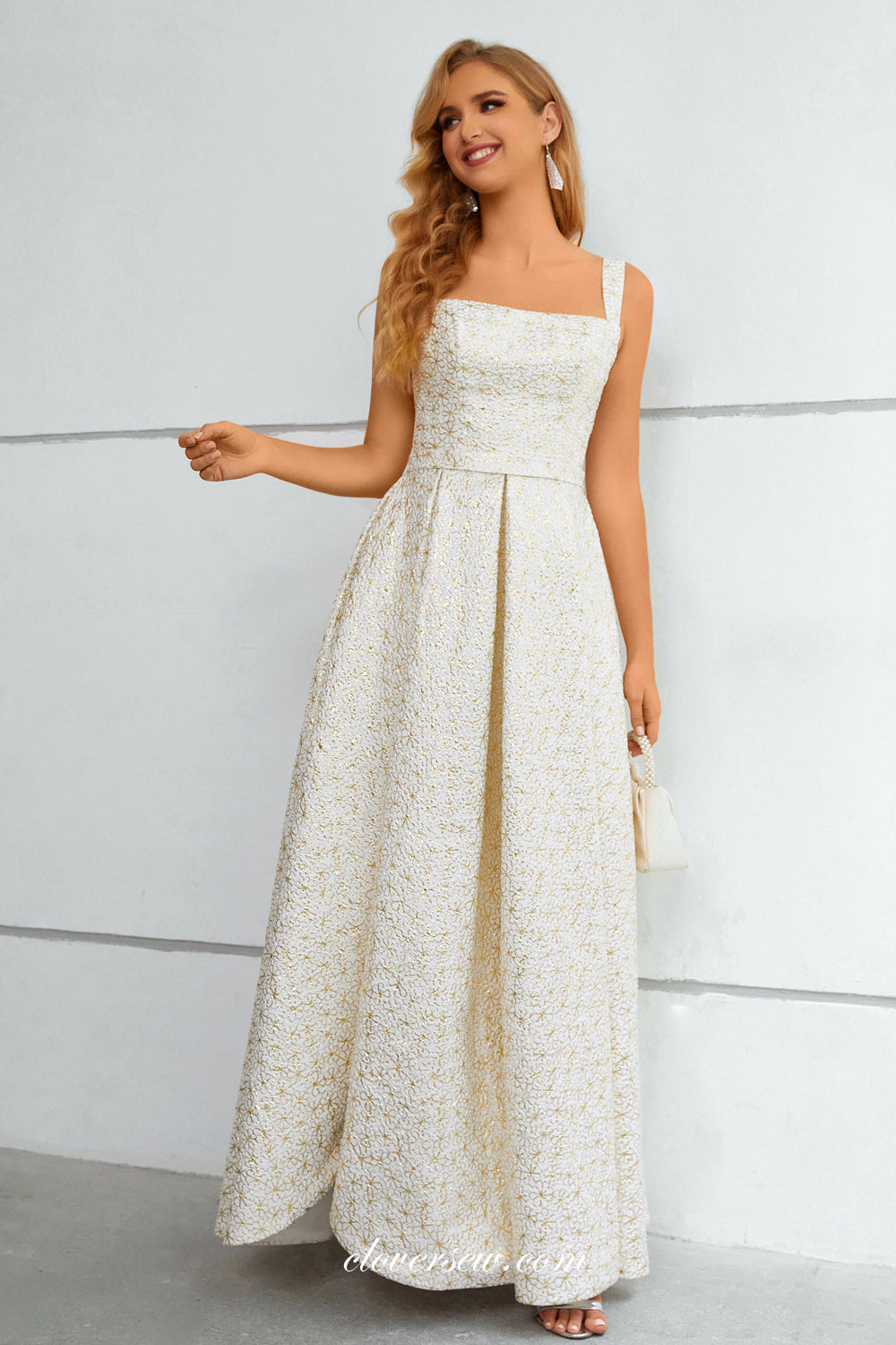 White Satin Gold Lace Square Neck A-line Side Slit Prom Dresses, CP0913