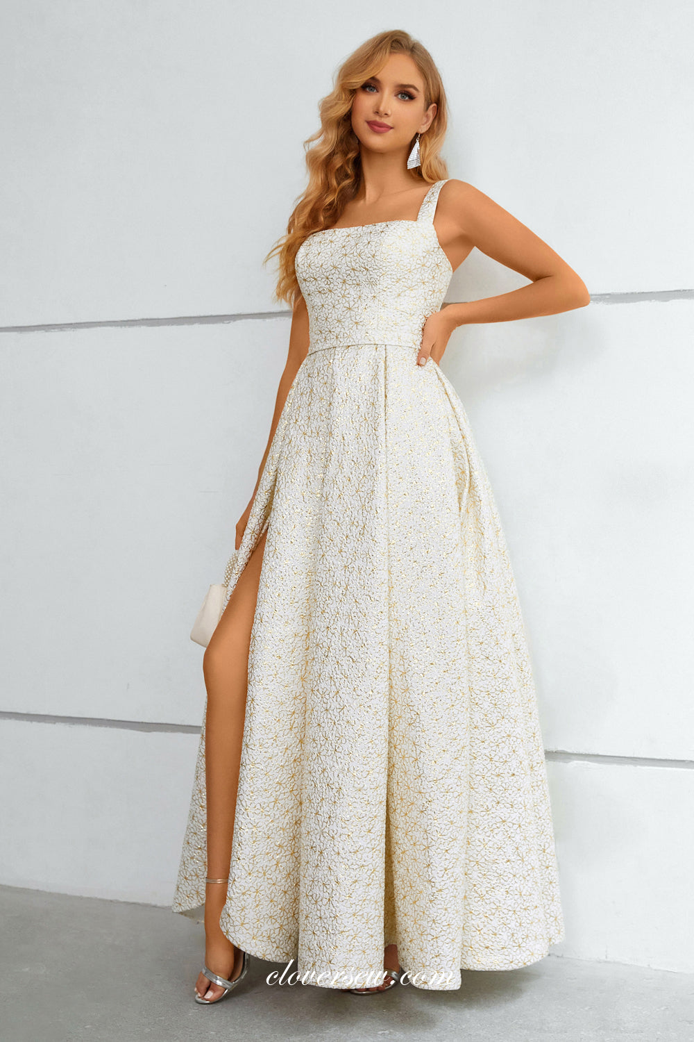 White Satin Gold Lace Square Neck A-line Side Slit Prom Dresses, CP0913