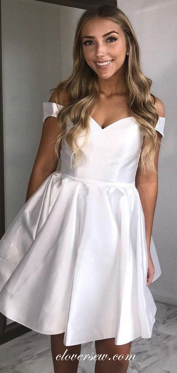 White Satin Off The Shoulder Lace Up Back Homecoming Dresses, CH0005