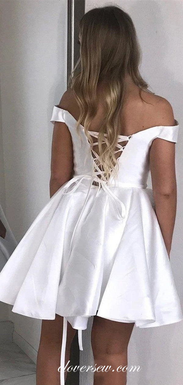 White Satin Off The Shoulder Lace Up Back Homecoming Dresses, CH0005