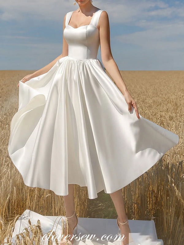 White Satin Sleeveless Knee Length Simple Wedding Dresses, CW0311 clover sew White Satin Sleeveless Knee Length Simple Wedding Dresses, CW0311 clover sew