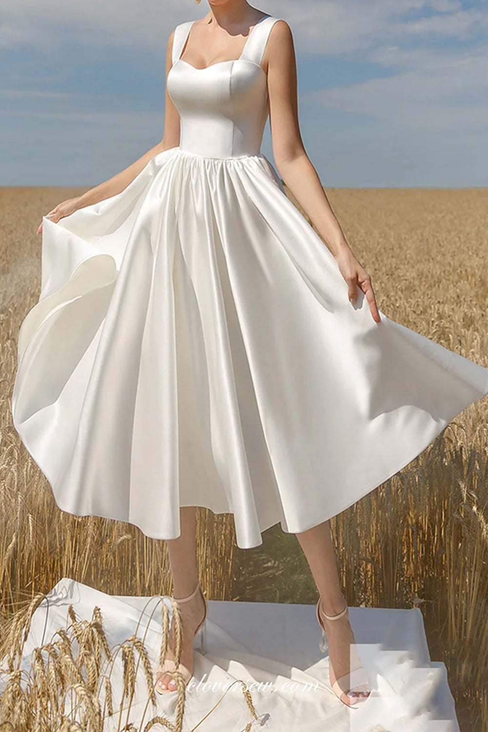 White Satin Sleeveless Knee Length Simple Wedding Dresses, CW0311