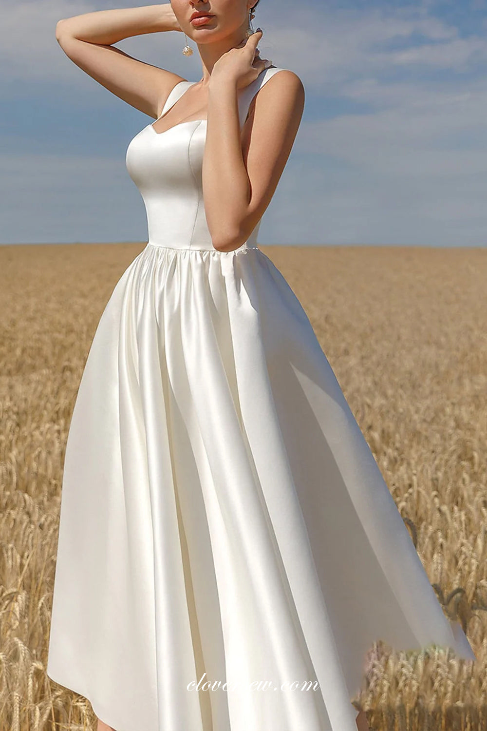 White Satin Sleeveless Knee Length Simple Wedding Dresses, CW0311