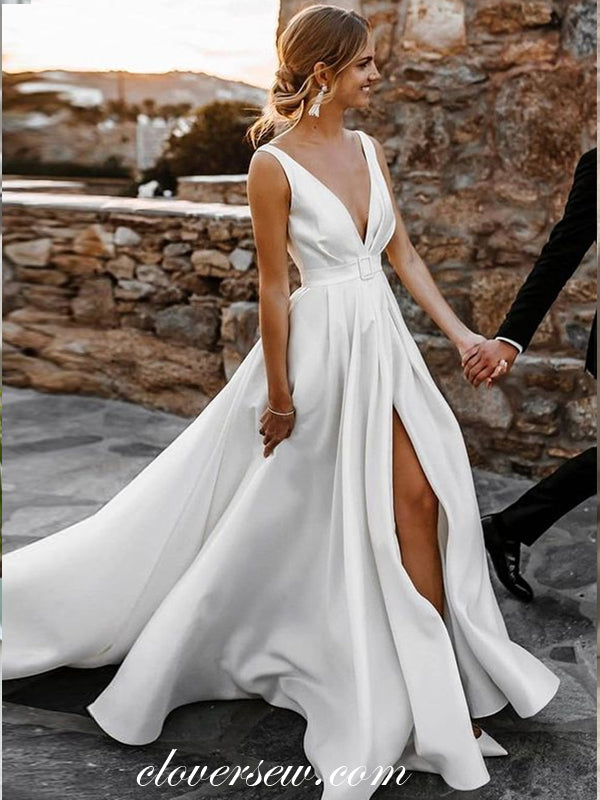 White Satin V-neck Sleeveless A-line With Slit Wedding Dresses, CW0332 clover sew White Satin V-neck Sleeveless A-line With Slit Wedding Dresses, CW0332 clover sew