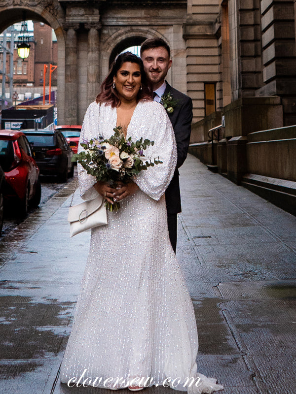 sequin boho wedding dress Gorgeous V-neck Spaghetti Straps Sequins Wedding Dresses with Train,Boho Beach Wedding Dresses,MW418