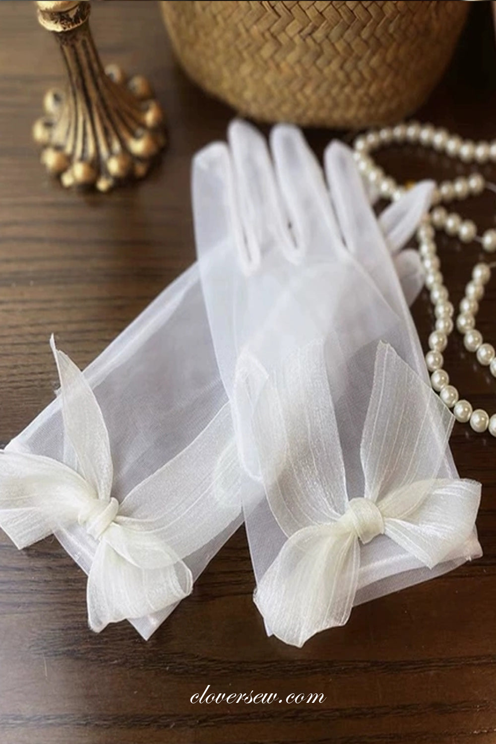 White Tulle Gloves With Bowknot for Bridal Wedding Party, CG0006