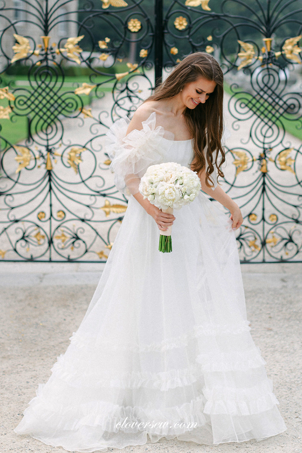 White Tulle Off The Shoulder Ruffles A-line Wedding Dresses, CW0318