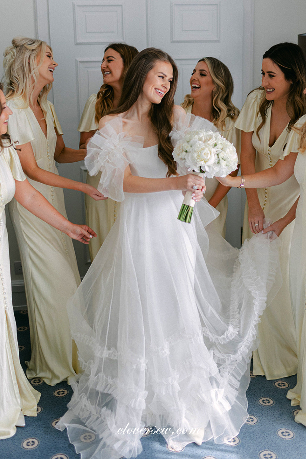 White Tulle Off The Shoulder Ruffles A-line Wedding Dresses, CW0318